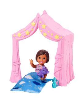 BARBIE SKIPPER LALKA Z NAMIOTEM I KOCYKIEM FXG97
