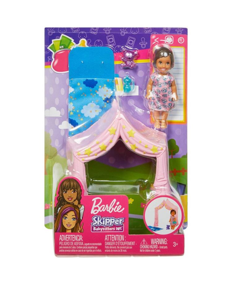 BARBIE SKIPPER LALKA Z NAMIOTEM I KOCYKIEM FXG97