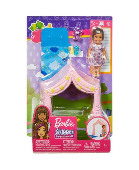 BARBIE SKIPPER LALKA Z NAMIOTEM I KOCYKIEM FXG97